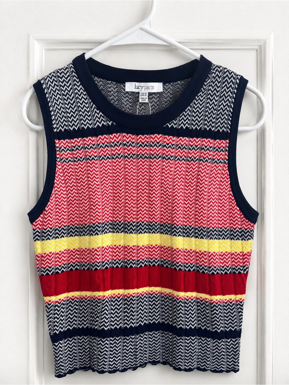 Lucy Paris Navy, Red, Yellow Striped Knit Tank Sweater